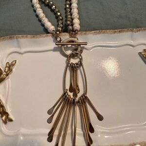 Beaded White and Gold Statement Tassel Necklace